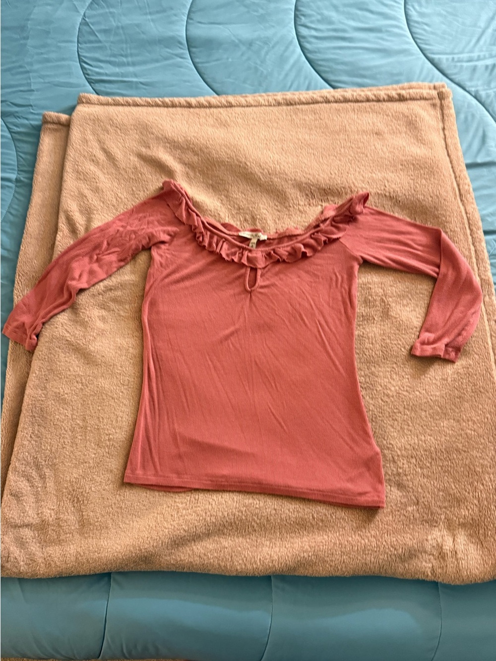 Express Coral Pink Ruffled Off-Shoulder Long Sleeve Top
